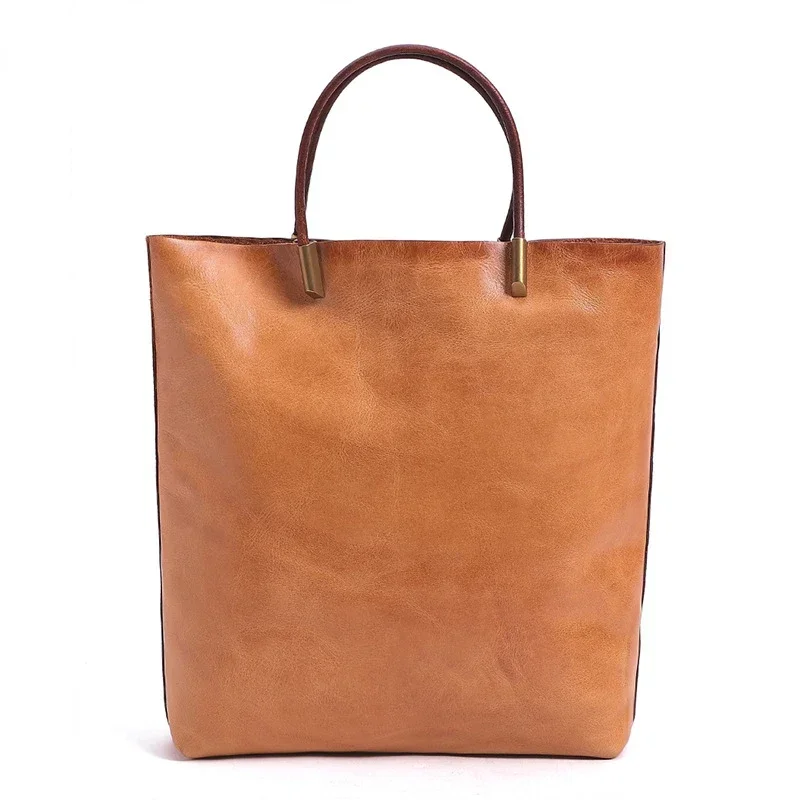 Women Fashion Texture Genuine Leather Vintage Composite Handbag OL Concise Shoulder Tote Bag for Business Office Daily